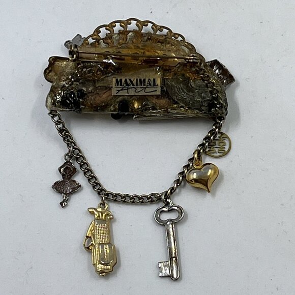 Vintage Maximal Art Collage Brooch Pin Mixed Materials Signed 80 Art Assemblage - Picture 7 of 11
